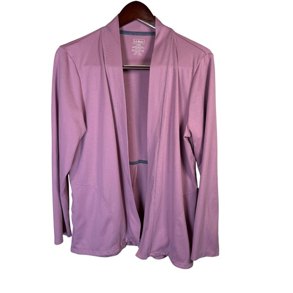 L.L.Bean 100% Supima Cotton Open Front Cardigan Pockets Sweater Pink Sz Lg Petit - Picture 1 of 7